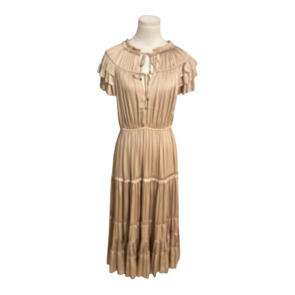 RESET by Jane Kianna Dress Gold Tan Ruffle Midi Dress M Wedding Party Silky Trip - Picture 2 of 7